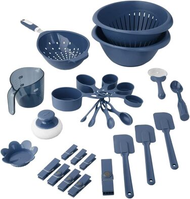 28-Piece Kitchen Utensil Set with Plastic Measuring Cup, Navy Blue