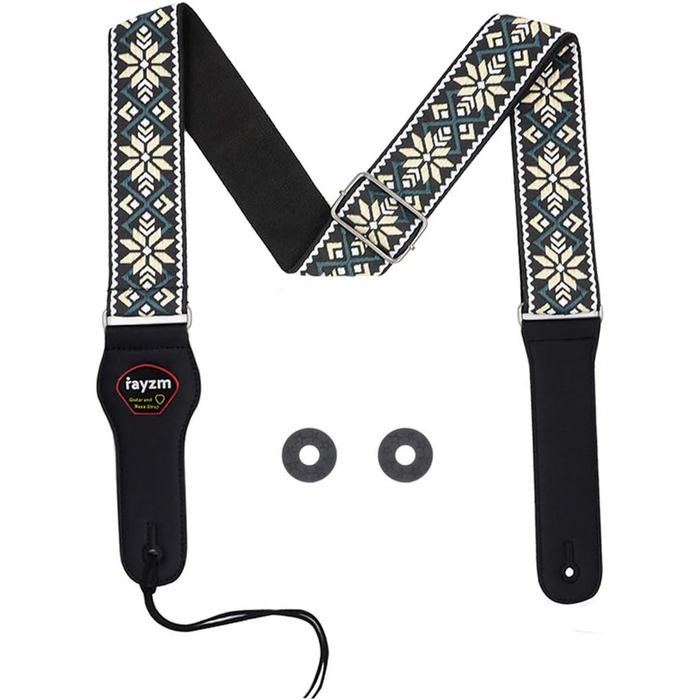 Гітарний ремінь Rayzm з візерунком жакарду, бавовняний, для акустичної та електрогітари, басу, з тримачем для медіатора, металевий бугель 5 см, регульована довжина