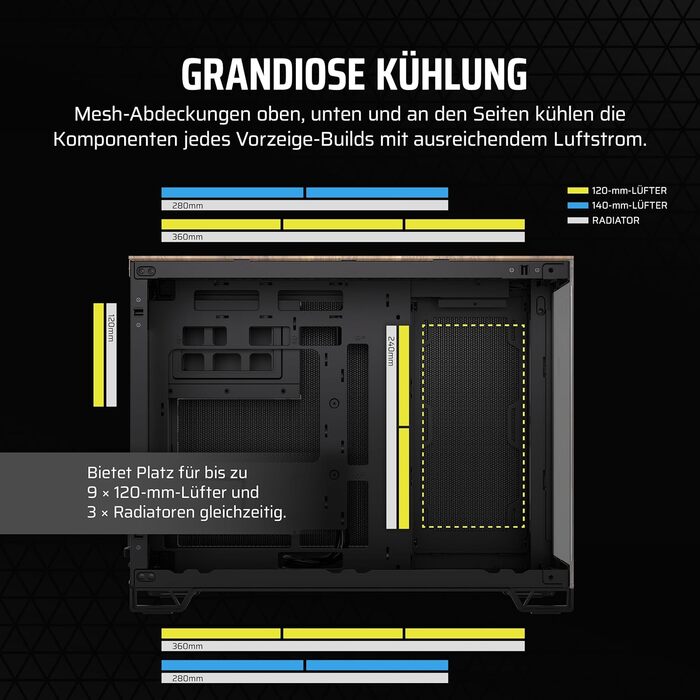 Корпус ПК CORSAIR 2500X mATX з двокамерним дизайном, чорний/горіх, сумісний з платами зворотного підключення, велика гнучкість охолодження, з загартованим склом