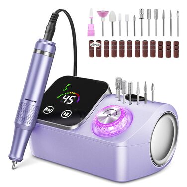Електрична шліфувальна машинка для нігтів (нагельфрайзер) з LCD-дисплеєм, 45000 об/хв, професійний набір для манікюру та педикюру з мультифункціональною базою та сенсорним керуванням, фіолетовий