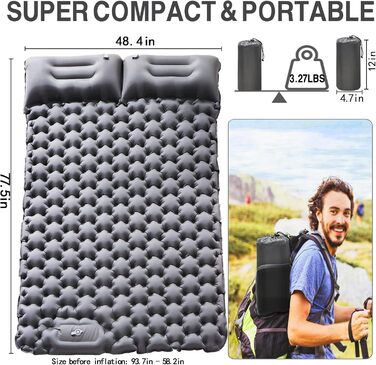 Double Camping Sleeping Pad - Inflatable, Self-Inflating, Ultra-Thick for 2 People with Pillow & Foot Pump - Hiking & Portable