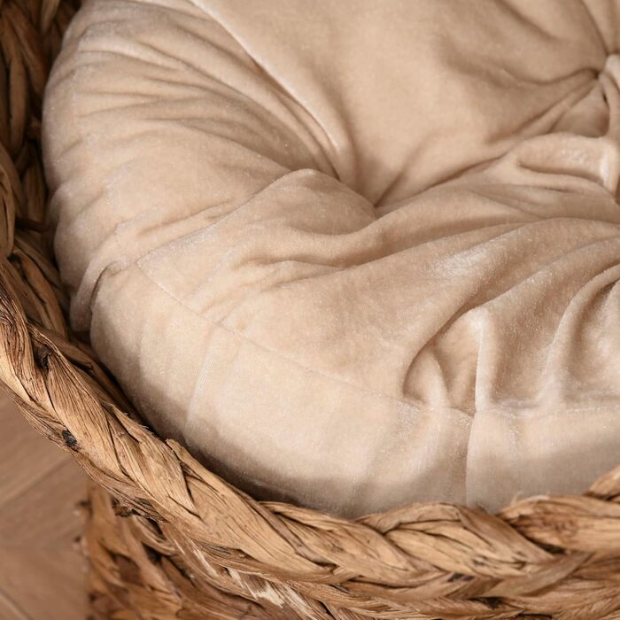 PawHut Rattan Cat Basket Cat Cave Cat House Cat Bed with Cushion Pet Bed Water Hyacinth Brown 50 x 42 x 60 cm