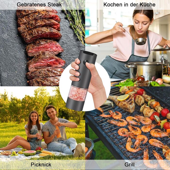 Електричні мельниці для солі та перцю 2 шт. з LED-підсвічуванням, регульована ступінь помелу, чорний колір