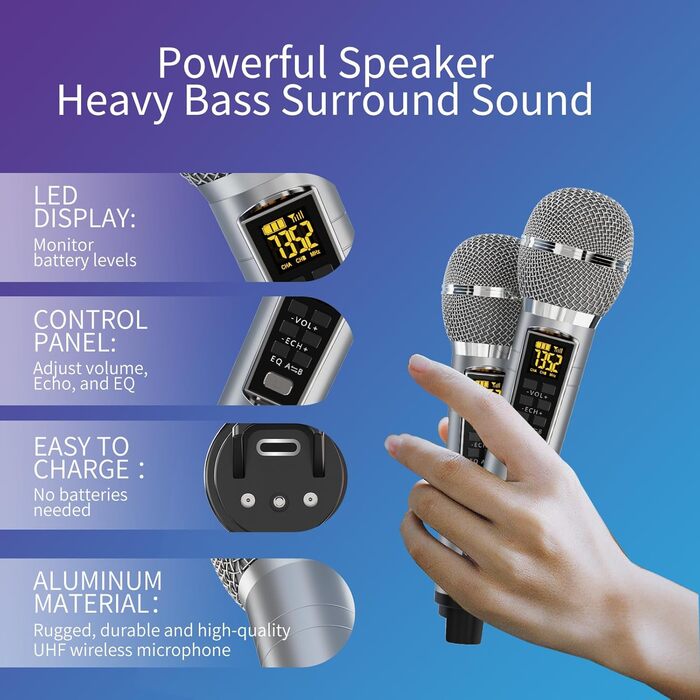Портативна караоке-машина з Bluetooth, 20W, 2 бездротові мікрофони, PA-система для дому, вечірки, церкви, пікніка, відпочинку на природі (сіра)