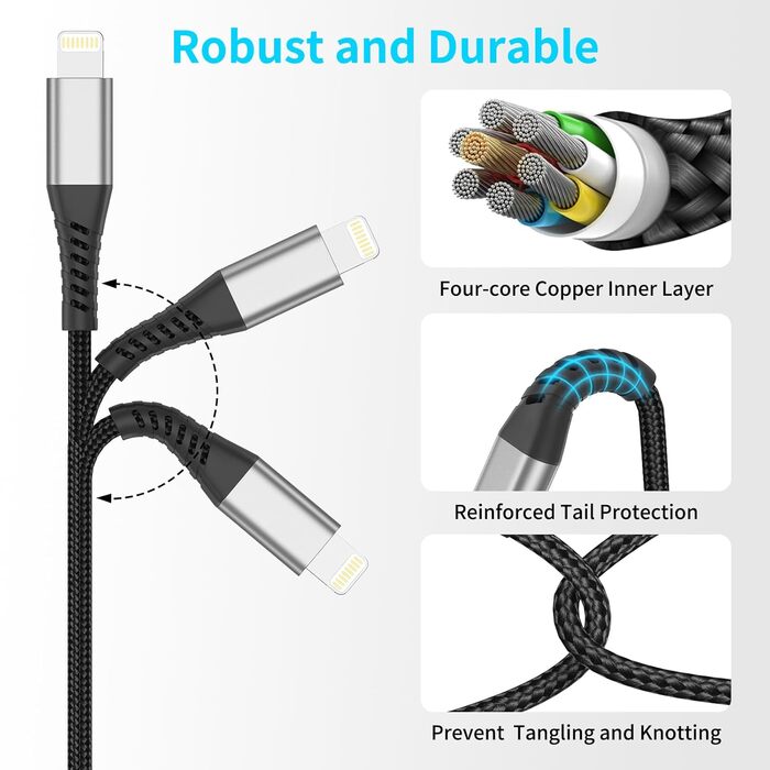 Кабель USB-A Lightning PEAKLIFT 20 см (3 шт) MFi сертифікат, чорний – Швидка зарядка для iPhone 14/13/12/11 Pro Max/XS/XR/X/8/7/6/SE, iPad Air/Mini