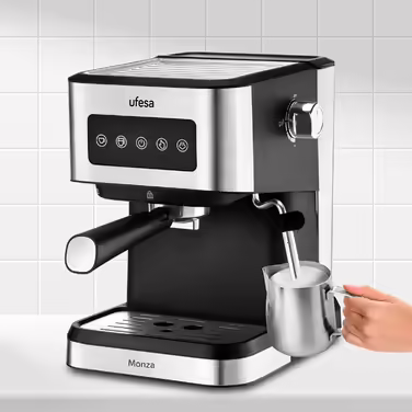 Ufesa Sienna Espresso Machine and Cappuccino Portafilter Machine with Milk Frother, 20 Bar Pressure, Digital Touch Panel, 1360W, for Ground Coffee or ESE Pads, 0.9L Water Tank, Silver (1050W | INOX)