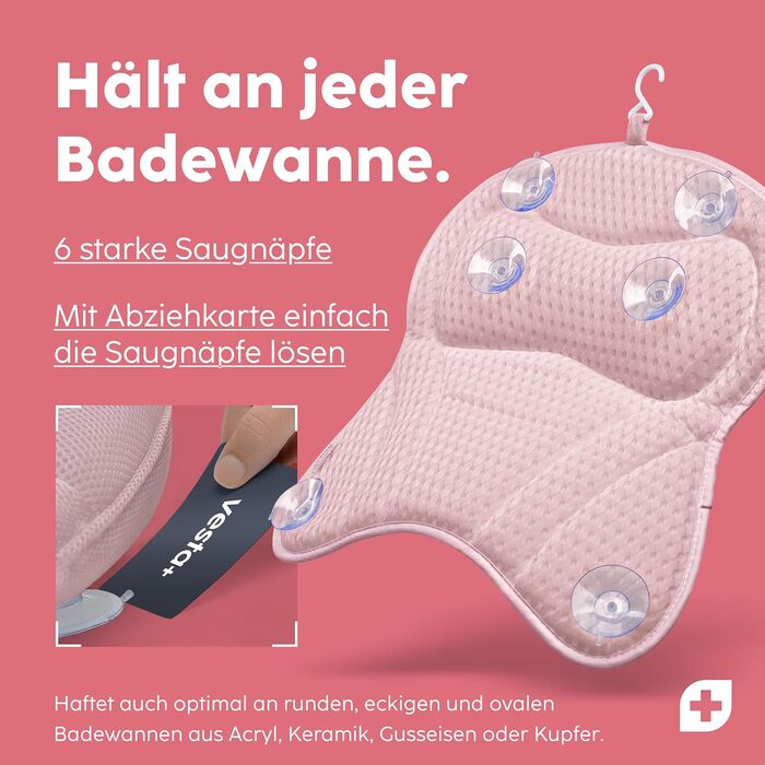 Vesta+ L Bath Pillow with Suction Cups - Test Winner - Neck & Back Support for Bathtub - Non-Slip Bath Cushion for Bathtub & Shower (Pink)