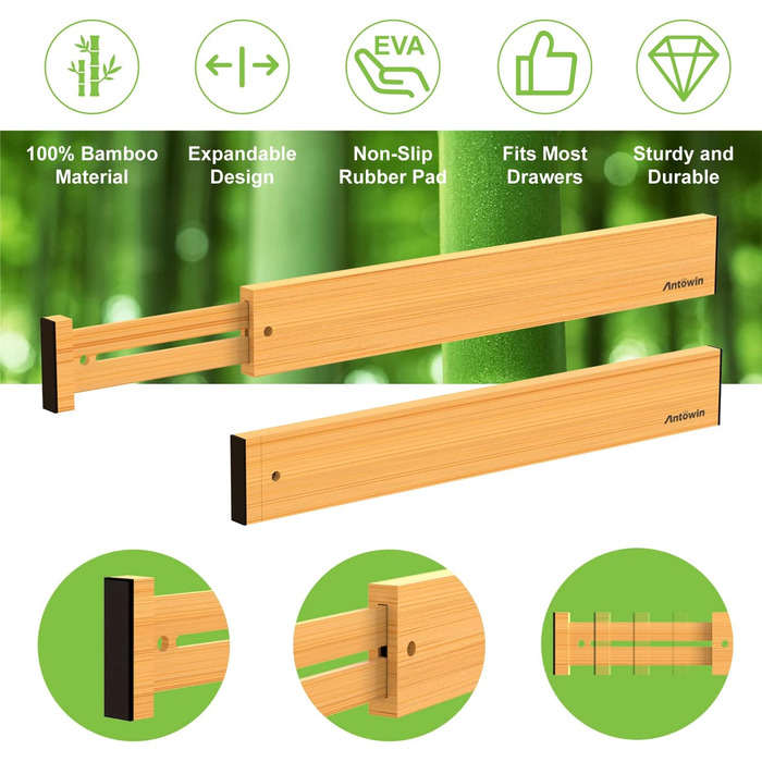 ANTOWIN Adjustable Drawer Dividers Bamboo (43-56 cm), Drawer organizer, spring-loaded, Kitchen, dresser, bathroom, bedroom, baby drawer, desk organization system