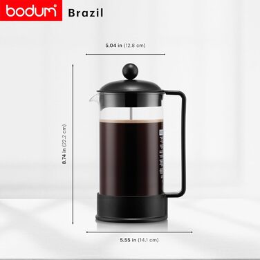 Bodum French Press Brazil - Френч-прес 1л, 8 чашок - з термостійкого скла та нержавіючої сталі, BPA-free, для приготування кави