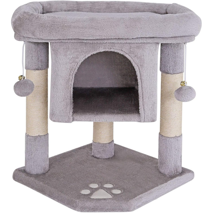 Lionto Scratching Post for Cats with Cave & 2 Plush Balls including Bell, Height 60 cm, Cat Tree with Robust Sisal Rope & Soft Plush, Cozy Lying Area, for Small & Large Cats, Light Grey