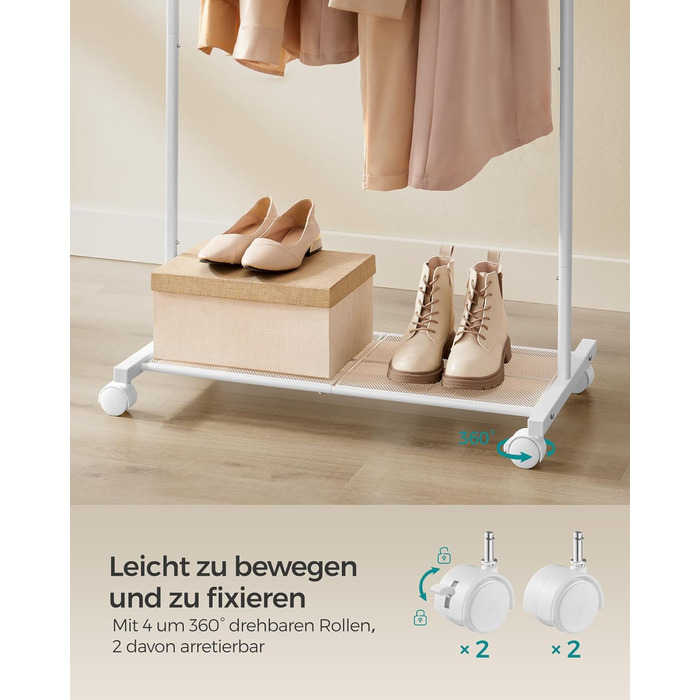 SONGMICS Clothes Rack, Rolling Garment Rack, Metal Wardrobe Stand, Rolling Wardrobe 91 cm wide, with Shelf, 2 Swivel Wheels with Brakes, Rod Loadable up to 40 kg, HSR025A01 (White, 74x40.5x158cm)