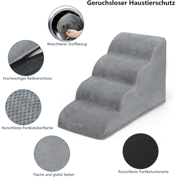 LIANTRAL Dog Stairs, 3 Steps Dog Staircase for Bed and Sofa, Made of High-Density Sponge, Cat Stairs Dog Ramp with Removable, Washable Cover and Pet Hair Remover Roller, 40 cm High (4 Steps Grey)
