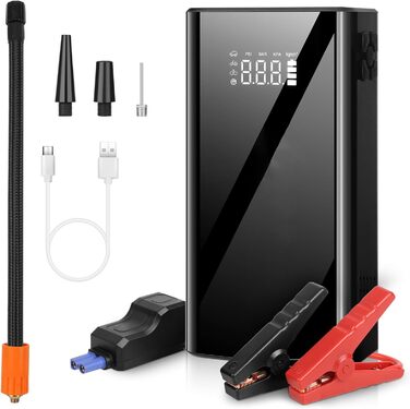 Powerbank з компресором для запуску авто 12V, 10L бензин/8L дизель, LED-ліхтар, швидка зарядка, чорний