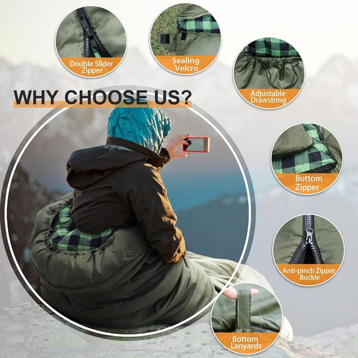 Спальний мішок Poepore Outdoor Winter для дорослих, Extra Wide, 3-4 сезони, XXL, теплий бавовняний фліс, 230*100см, 0°C