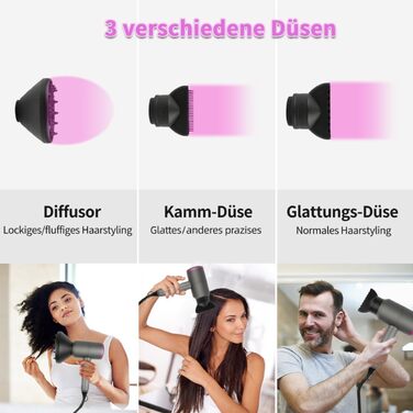 Іонізатор для волосся Faszin Föhn: професійний фен з AC-двигуном, 2 швидкості та 3 режими нагріву, кнопка холодного повітря, насадка-дифузор та 2 концентратори (чорний/білий)