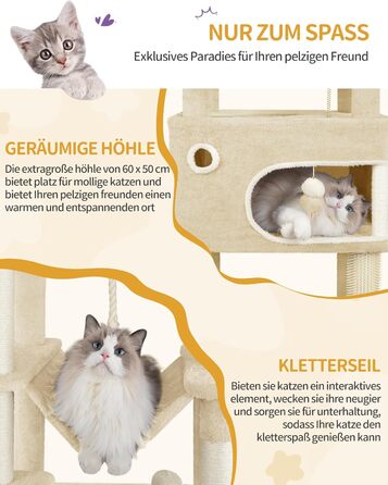 Драбина-кіготь для котів Hzuaneri, 203 см, з великою платформою, 2 печери, 7 кігтеточок, помпони, лежанки, гамак, для всіх порід котів, бежевий MS20318YL XXL (60 x 50 x 203 см)