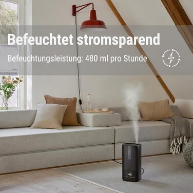 Зволожувач повітря Stadler Form Oliver, для великих приміщень до 60 м², тихий, компактний, потужний, 6 режимів, авто-режим, вимкнення LED, бездимний туман, чорний