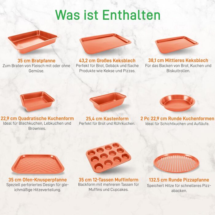 Набір для випічки Nutrichef 10 предметів з антипригарним покриттям. Включає: форма для кексів, форма для тортів, дека для піци, форма для мафінів, форма для хліба та інше. Можна мити в посудомийній машині, складається. Чорний (мідний)