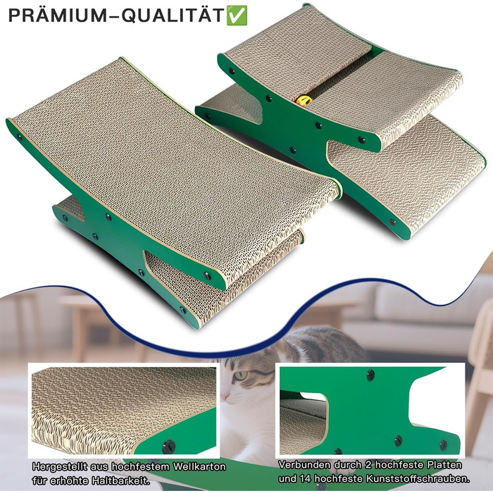 Котячий когтетоп з будиночком - XL когтетоп з подвійною стороною з гофрокартону 56x26x20cm - Стабільне ліжко-лежанка з м'ячем (натуральне дерево)