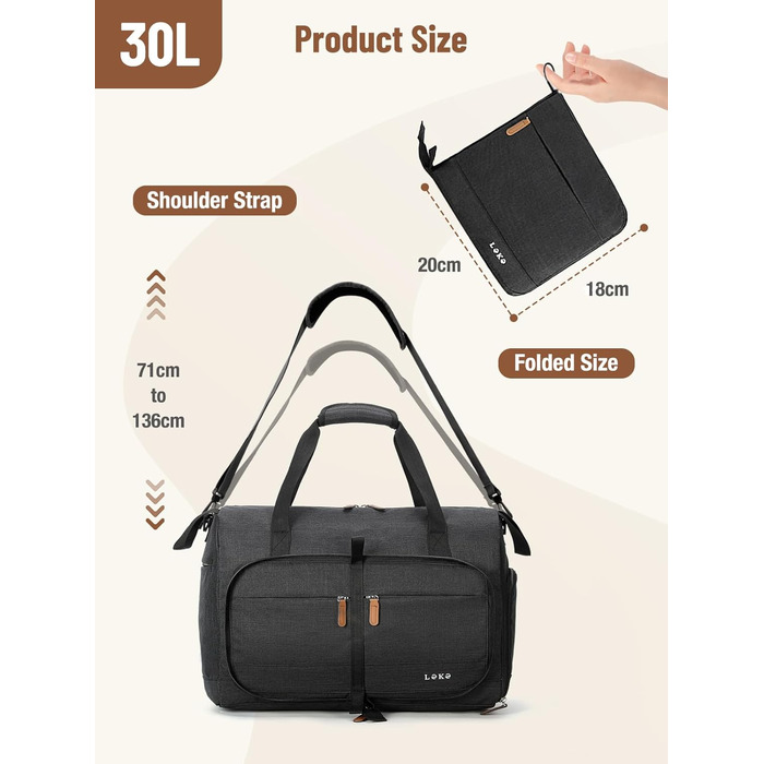 Чорна дорожня сумка Lekesky 30L: Easyjet, Weekender, спортивна, з відділенням для взуття, водонепроникна