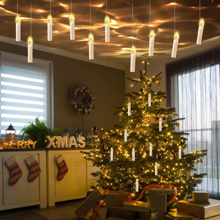 Cimetech 1920s Christmas Tree Candles Wireless LED Floating Candles Christmas Tree Lighting String Lights Christmas Tree Warm White Christmas Decoration with Remote Control Timer 1.5 x 8 cm
