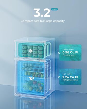EUHOMY Міні холодильник 46L, компактний холодильник з регулюванням температури, тихий (38dB), енергоефективний для спальні, офісу, сріблястого та чорного кольорів