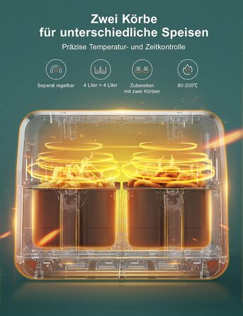 Аерофритюрниця Innsky Dual Zone 8 л з двома кошиками, 8 програм, подвійна повітряна фритюрниця без олії, синхронізація приготування, Shake-режим, X-Large