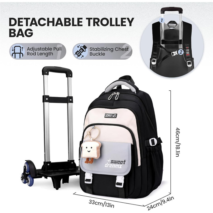 Шкільний рюкзак-тележка для дівчаток-підлітків, рюкзак для школи на колесах, знімний тролей, шкільний ранець для початкової та середньої школи, сумка для подорожей з 6 колесами, 36L - Зелений (Чорний)