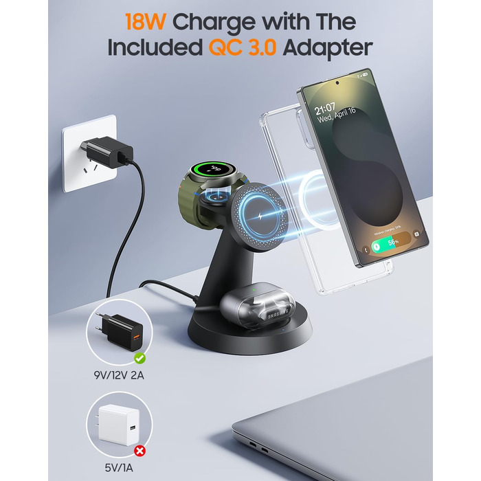 Бездротова зарядка Meifigno 3-в-1 для Samsung Galaxy: Mag-Safe, годинник, навушники (чорний)