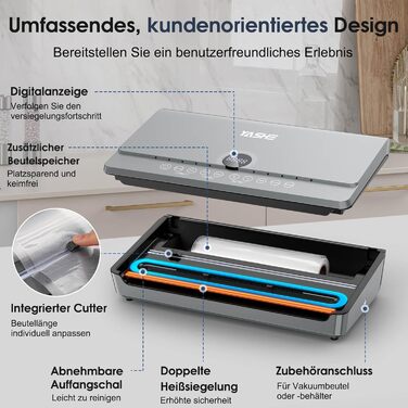 Вакуумний пакувальник YASHE 80KPA з магнітною кришкою, 10-в-1, подвійна зварювальна лінія та подвійна поршнева помпа, зберігання рулонів, для зберігання продуктів