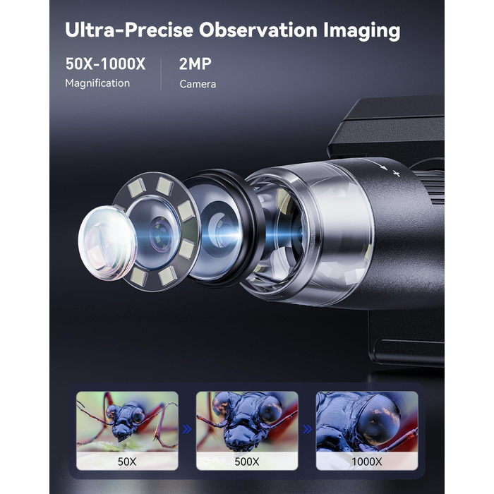 Цифровий мікроскоп AOPICK з LCD екраном, 50X-500X, 4.3 дюйма, 1080P, USB, 8 LED, для дорослих/дітей, сумісний з MacOS/Windows (чорний)