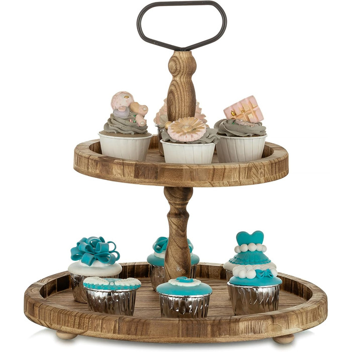 Двоярусна підставка для тортів NUPTIO з дерева, дерев'яна підставка для чаювання, рустикальна підставка для тортів у стилі ферми, солодкий стійкий стійка з металевою ручкою для весілля, дня народження, Різдва, Хелловіна, вечірки, світло-коричнева