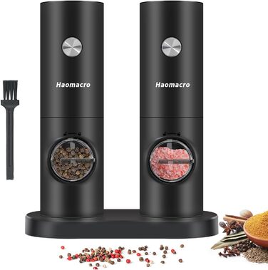 Haomacro Electric Salt and Pepper Grinder Set, Battery Operated, Electric Pepper Grinder Automatic Spice Grinder Salt Shaker with Base, LED Light, Adjustable in 5 Levels