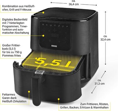 Фритюрниця-конвекційна піч Midnight Black 5.5 л | 1800 Вт, 7 програм | Без жиру, з цифровим дисплеєм