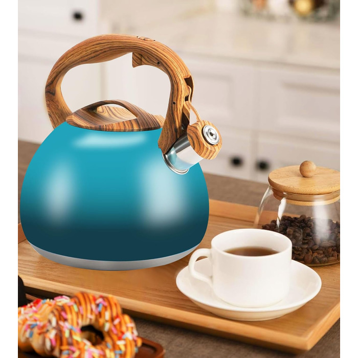 Чайник-свисток Foedo 3.2 л з нержавіючої сталі з дерев'яною текстурою, 3.2 л, для чаю, кави та молока, класичний дизайн, червоний (градієнт темно-зеленого кольору)