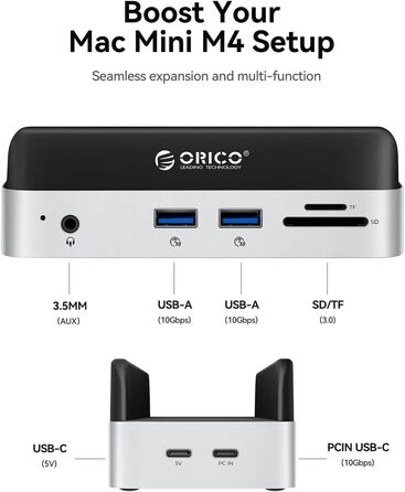 ORICO MiniDock: Док-станція та підставка для Mac mini M4/M4 Pro з корпусом для NVMe SSD, USB-C хаб з 4K HDMI, DisplayPort, SD/TF 3.0, USB-C/A 10Gbps, PD 100W - VS10 (6-в-1, DIY)
