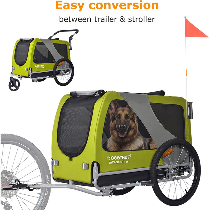 DOGGYHUT® Преміум XL 2-в-1 велопричіп та джоггер для собак 23-45 кг, причіп для велосипеда для собак, зелений лимон