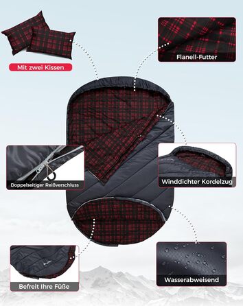 KingCamp 2-Person Sleeping Bag - Winter Warm Outdoor Sleeping Bag for Camping & Travel - 3-4 Season, Lightweight, with Flannel Pillows
