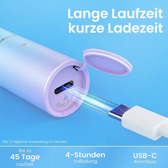 Електрична зубна щітка YUNCHI C2 з 40000 VPM, звукова щітка для дорослих, зарядка USB-C, 55 днів роботи від акумулятора, 5 режимів чищення, таймер 2 хвилини, 8 насадок, дорожній футляр, чорний (Ycyc-y7 Blue)