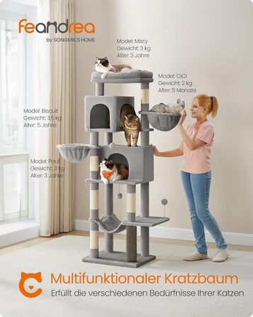 Дім для кота Feandrea, 175 см, XL, багатоярусний з 2 будиночками, 2 лежаками, 5 стовпчиками для шліфування, щіткою для котів, великою платформою, сірий (PCT182G01 XL)