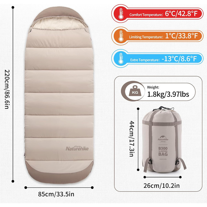 Спальний мішок Naturehike B300 для дорослих, легкий теплий кокон з бавовни для кемпінгу та походів, коричневий