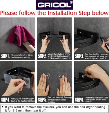 Дзеркальна поличка для душу Gricol без свердління, з гачками, чорна | Кухонна та ванна поличка