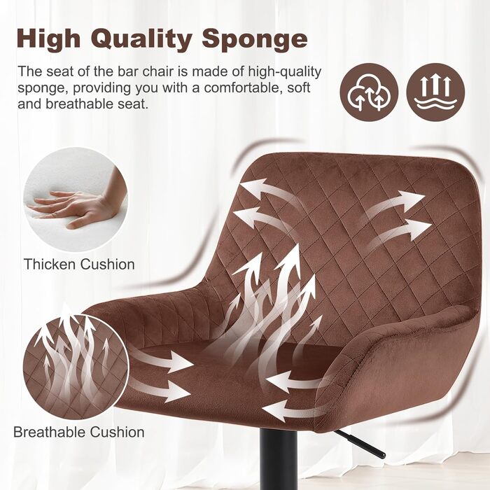 Ralex Adjustable Swivel Bar Stools 2-Pack - Velvet Upholstered Counter Height Stools with Backrest & Armrests for Kitchen, Bar & Countertops (Brown)