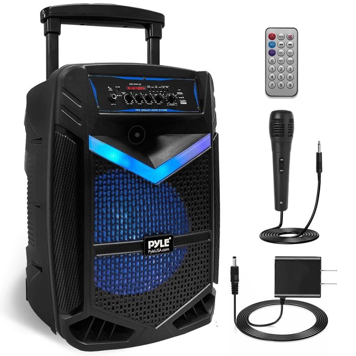 Pyle PA Bluetooth Гучномовець – Караоке Машина з Мікрофоном, 400W, Музична Система, Partybox, Акумуляторний, 8” Сабвуфер, 1” Твітер, Функція Запису, Підсвічування, USB/SD-Радіо