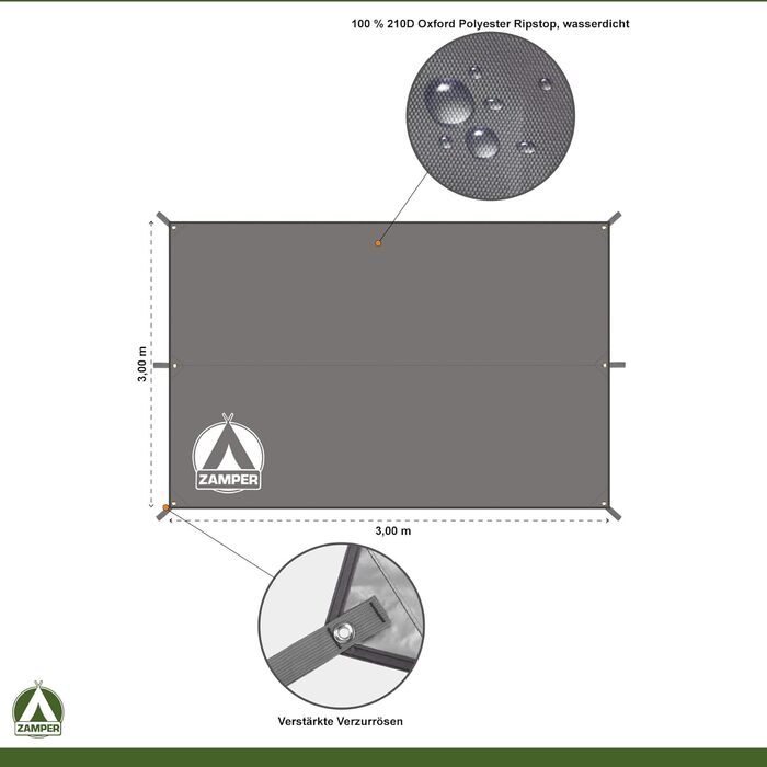 Тент Zamper Zelt-Plane 3x3м водонепроникний – сонцезахисний тент для кемпінгу, захист від сонця та UV-променів, для відпочинку на природі та на пляжі, колір зелений (кава/сірий)