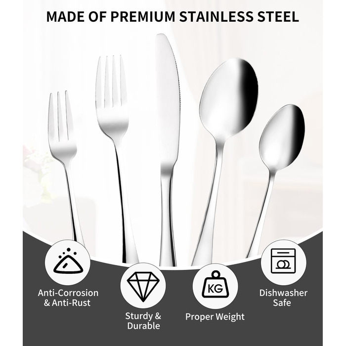 Xespis Cutlery Set 12 People, 60-Piece Stainless Steel Cutlery Set, with Steak Knives, Elegant Dinner Cutlery, High-Gloss Polished and Dishwasher Safe, with Knife Fork Spoon, for Home, Party, Restaurant