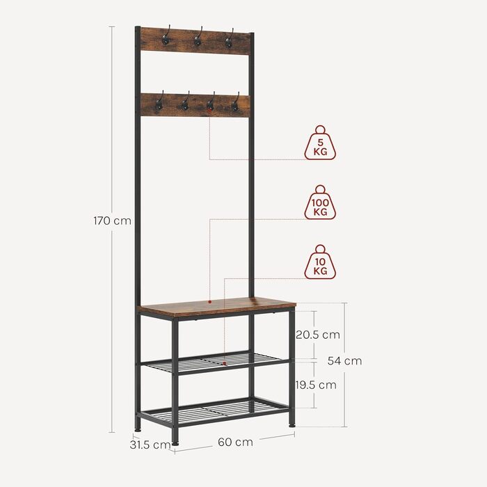 WOLTU Coat Rack Clothes Rail Laundry Rack Shoe Rack with Seat, with 7 Hooks, Made of Wood and Steel, Hanging Shelf, Black Vintage (Black + Rustic Brown)