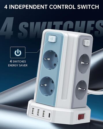 Мережевий фільтр Sameriver з 4 USB, 8 розеток, захистом від перенапруги, з вимикачем, 2м, білий