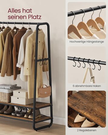 Стійка для одягу VASAGLE RGR119W09, гардеробна стійка з 2 полицями та 6 гачками, сталевий каркас, 45 x 138 x 160 см, для спальні, коридору, прихожої, бежево-білий колір