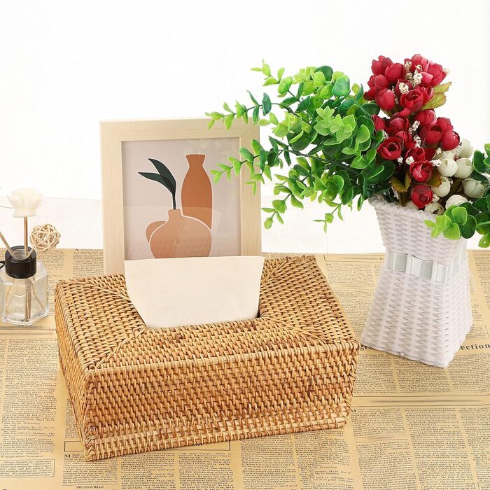 BSTKEY Rectangular Rattan Woven Paper Cover, Decorative Tissue Holder, Napkin Dispenser, Organizer, Face Towel Box for Home and Office
